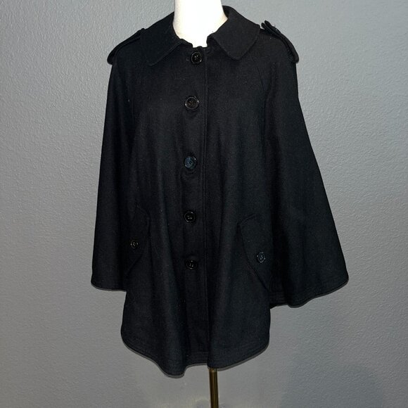 SANDRO STUDIO PARISIAN BLACK WOOL BLEND CAP CAPULET BUTTON FRONT TOPPER  L - Picture 1 of 11